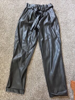 High-Rise Black Faux Leather Paperbag Waist Pants